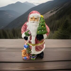 NIB Colorful Porcelain Christmas Hinged 8" Trinket Box Santa Claus W/Tree & Toys